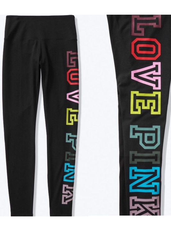 PINK Victoria's Secret Pants - PINK Victoria's Secret Black Rainbow High-Waisted Leggings Logo Print Graphic L